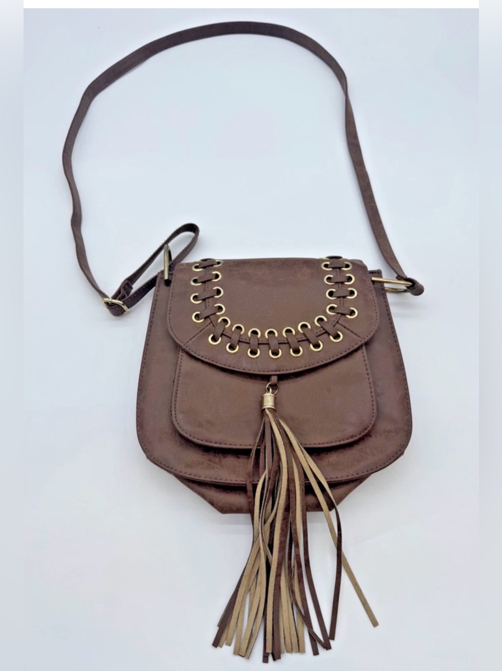 Anthropologie Brown Faux Leather Tassel Whipstitch Crossbody Saddle Bag Boho
